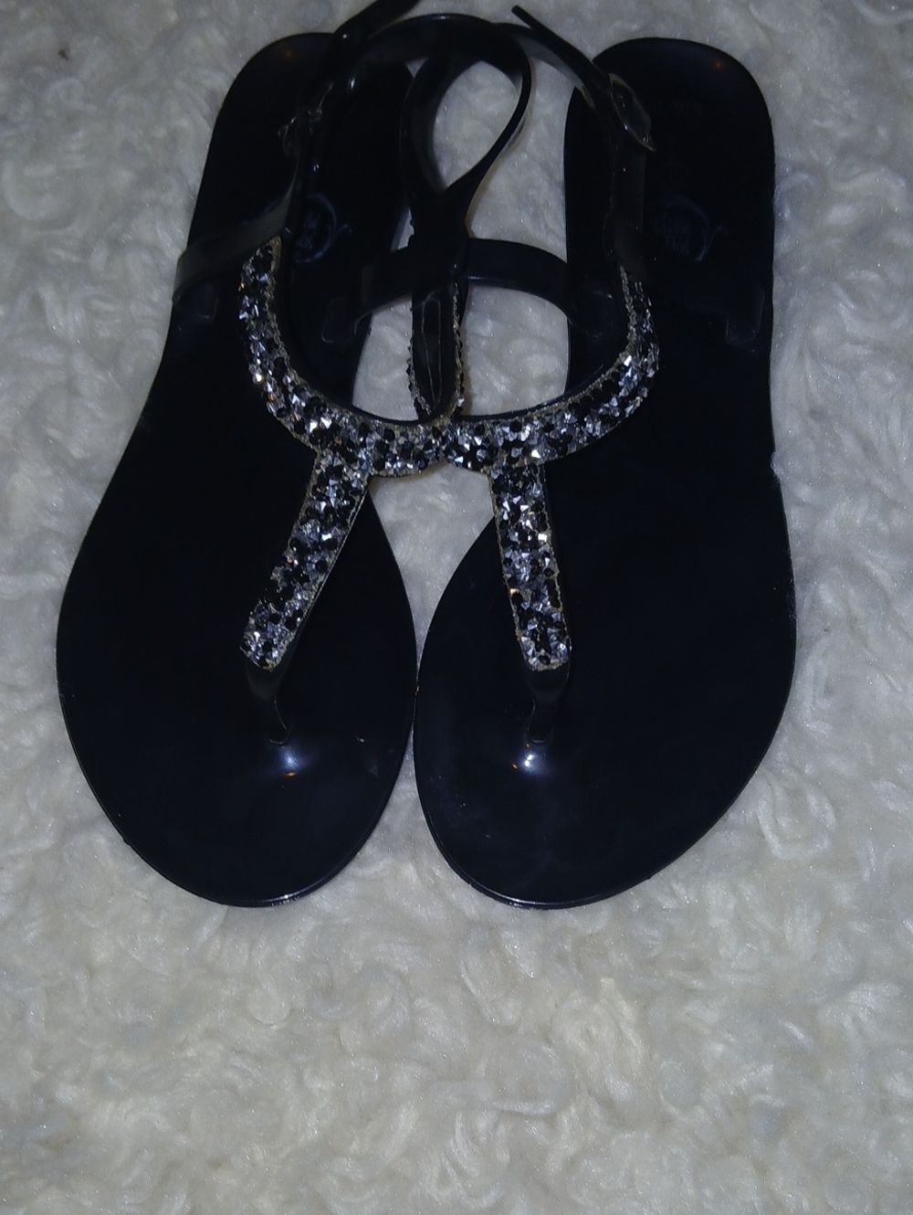 Black Jeweled T-Strap Women's Sandals